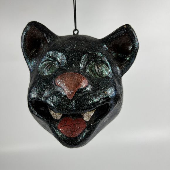 Vtg Folk Art Paper Mache Creepy Hissing Cat‎ Head Ornament Macabre Decor - Picture 3 of 14
